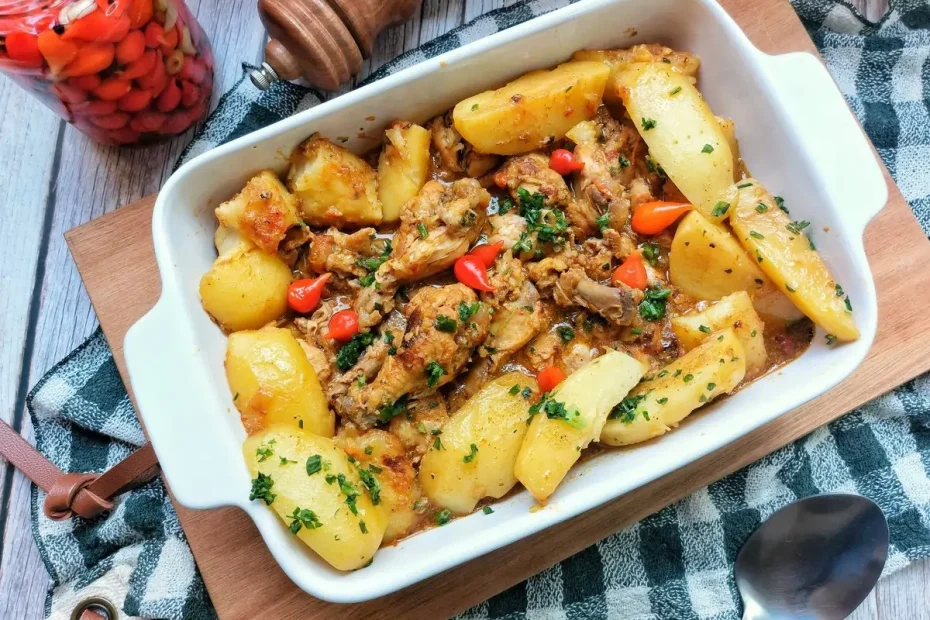 Uma travessa de frango com batata feita na panela de pressão pronto para ser servido.