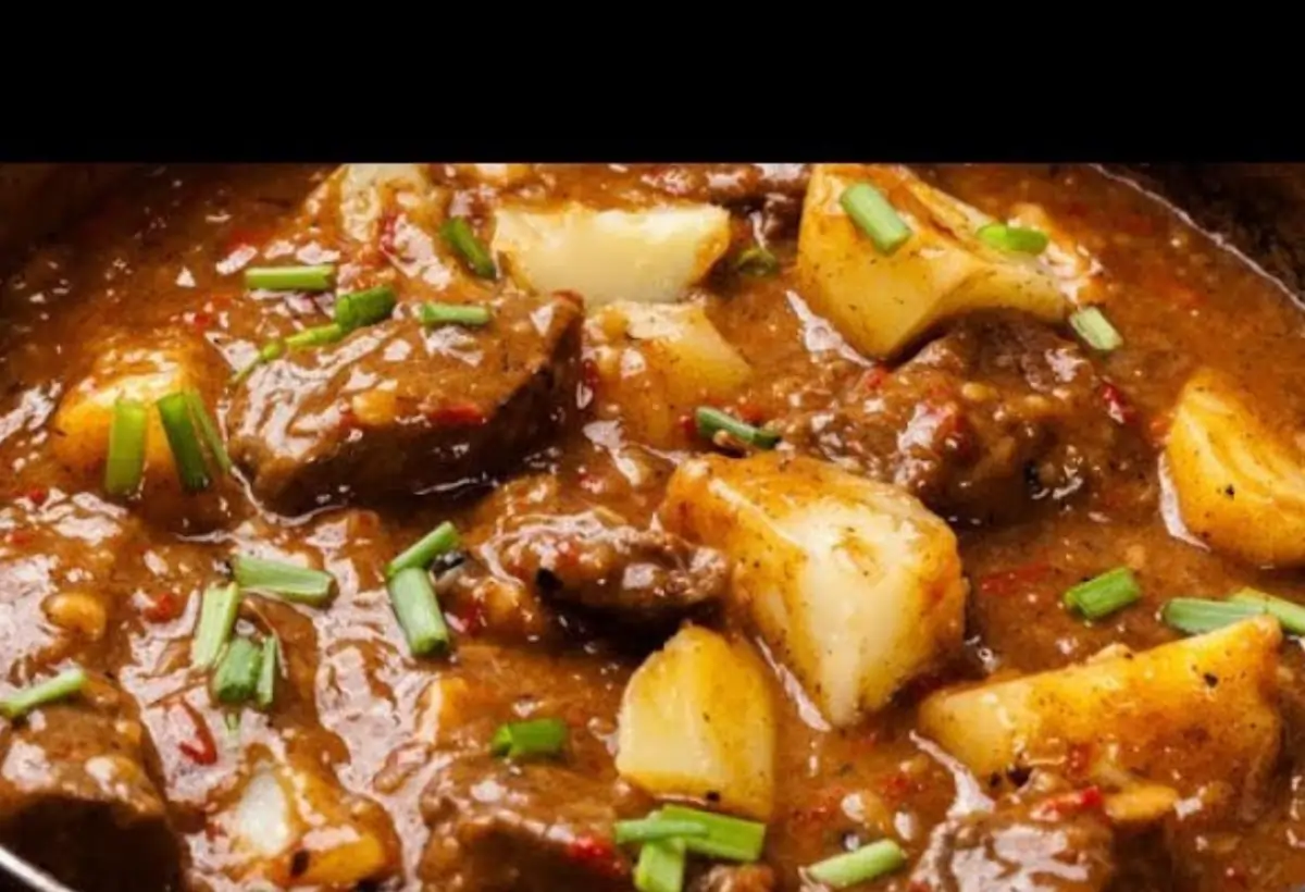 Carne ensopada na panela de pressão pronta para ser servida.