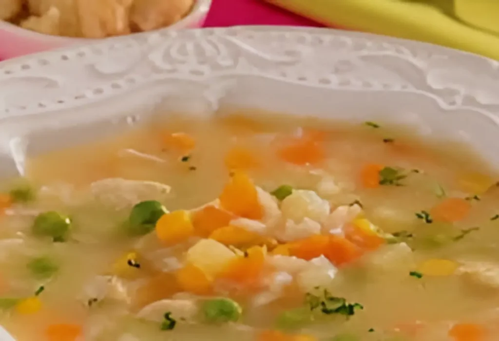 Um prato com canja pronto para ser servido.