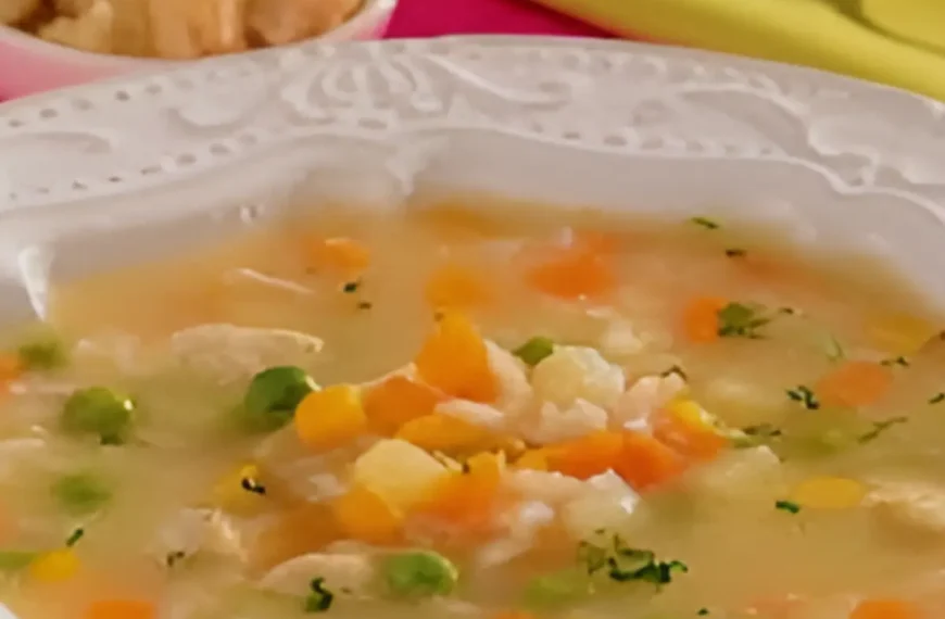 Um prato com canja feita na panela de pressão.
