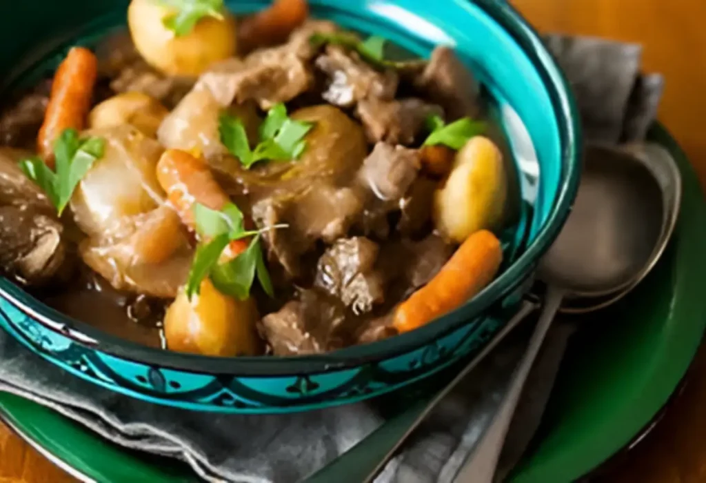 Uma travessa redondo com carne de carneiro cozido.