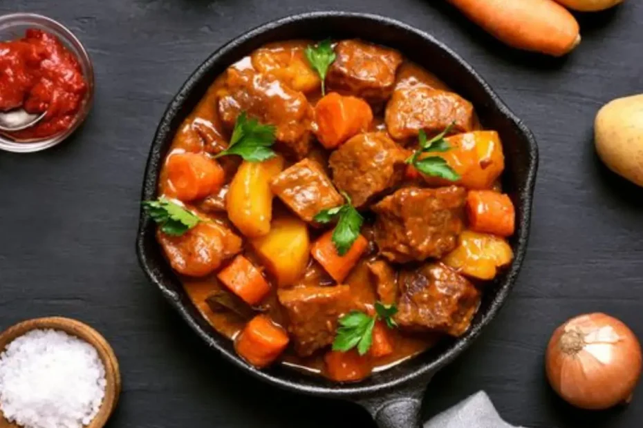 Uma panela de Carne Guisada em uma mesa para ser servido.