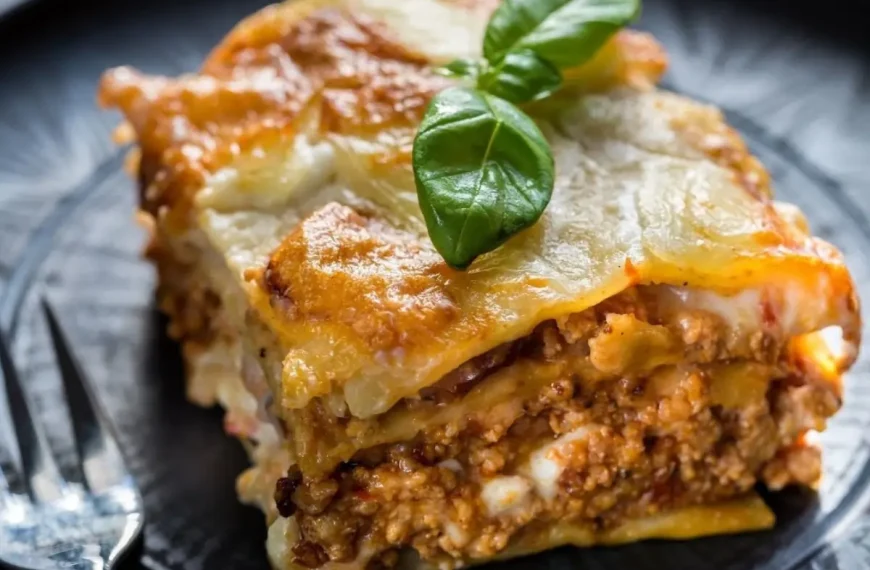 Uma prato com um pedaço de lasanha.