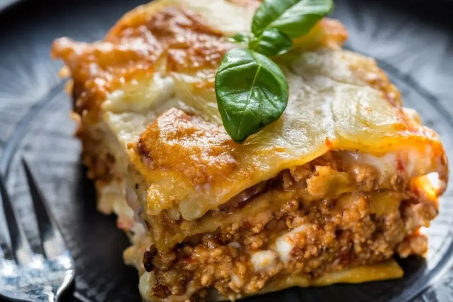 Uma prato com um pedaço de lasanha.