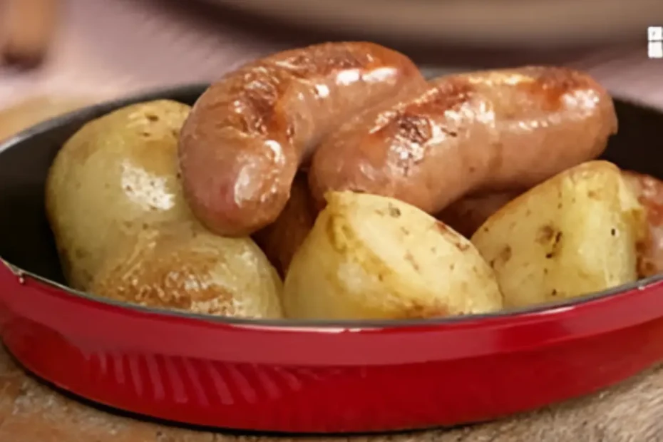 Uma panela com linguiça feita na panela de pressão pronta para ser servida.