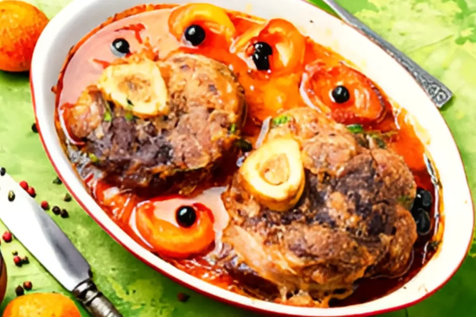 Um prato com ossobuco pronto para ser servido.