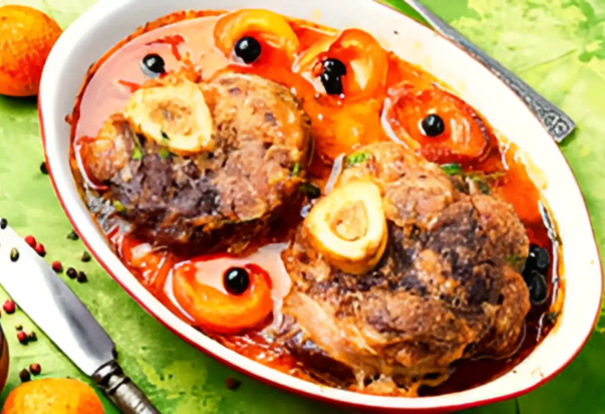 Um prato com ossobuco pronto para ser servido.