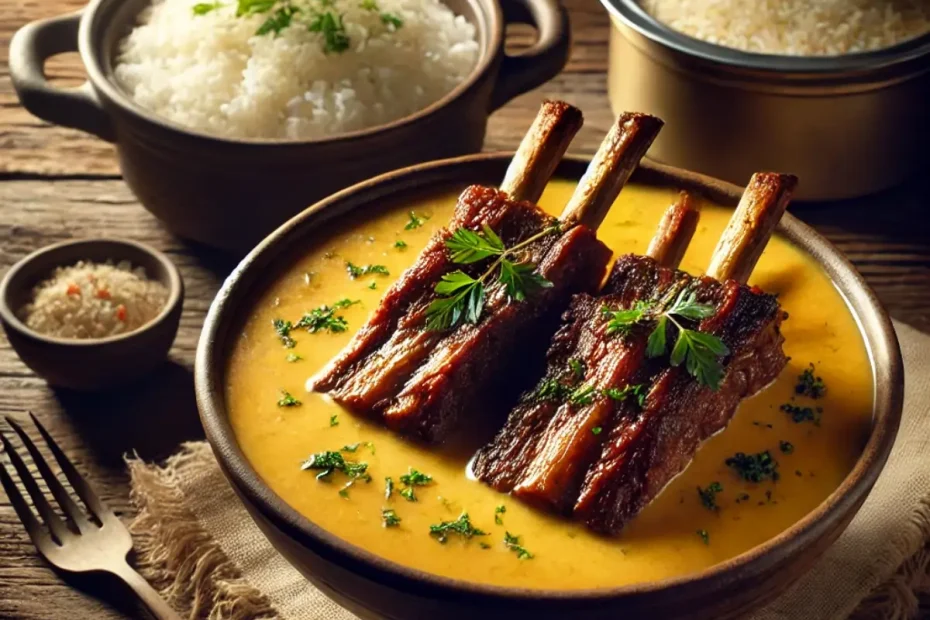 Uma mesa preparada com arroz branco e pirão de costela.