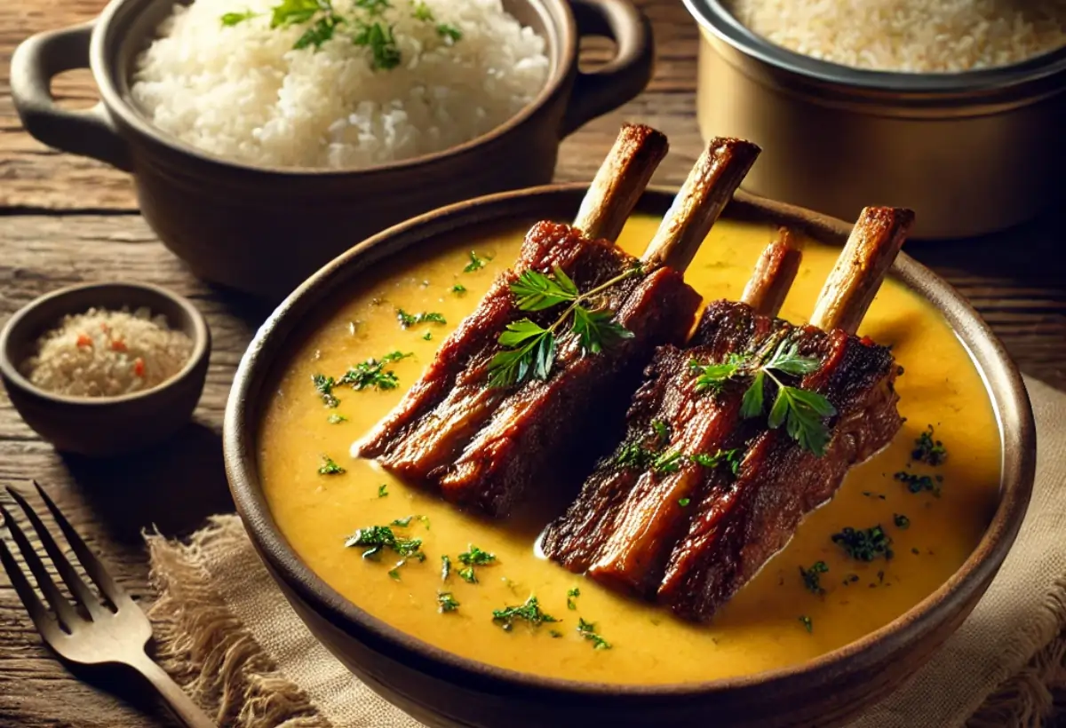Uma mesa preparada com arroz branco e pirão de costela.