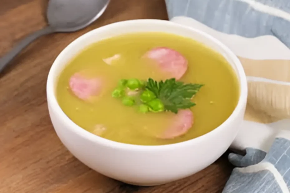 Uma tigela com sopa de ervilha pronto para ser servida.