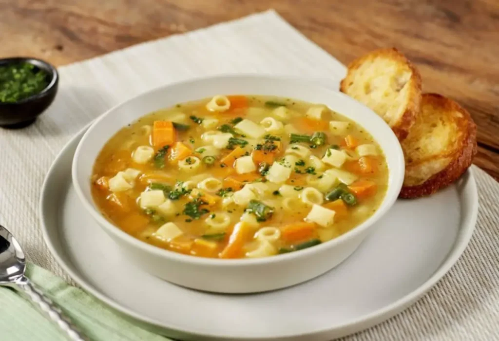 Um prato com sopa de legumes em uma mesa para ser servido.