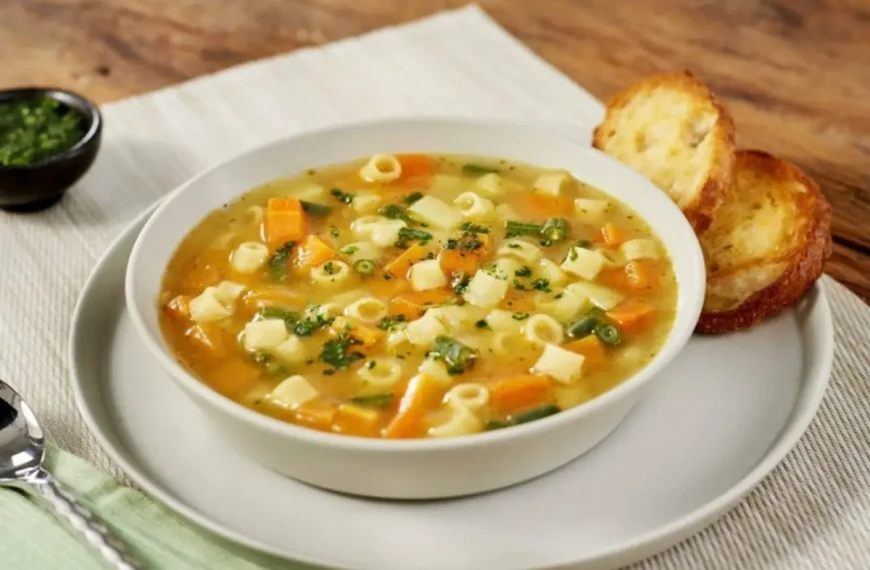 Um prato com sopa de legumes feito na panela de pressão.