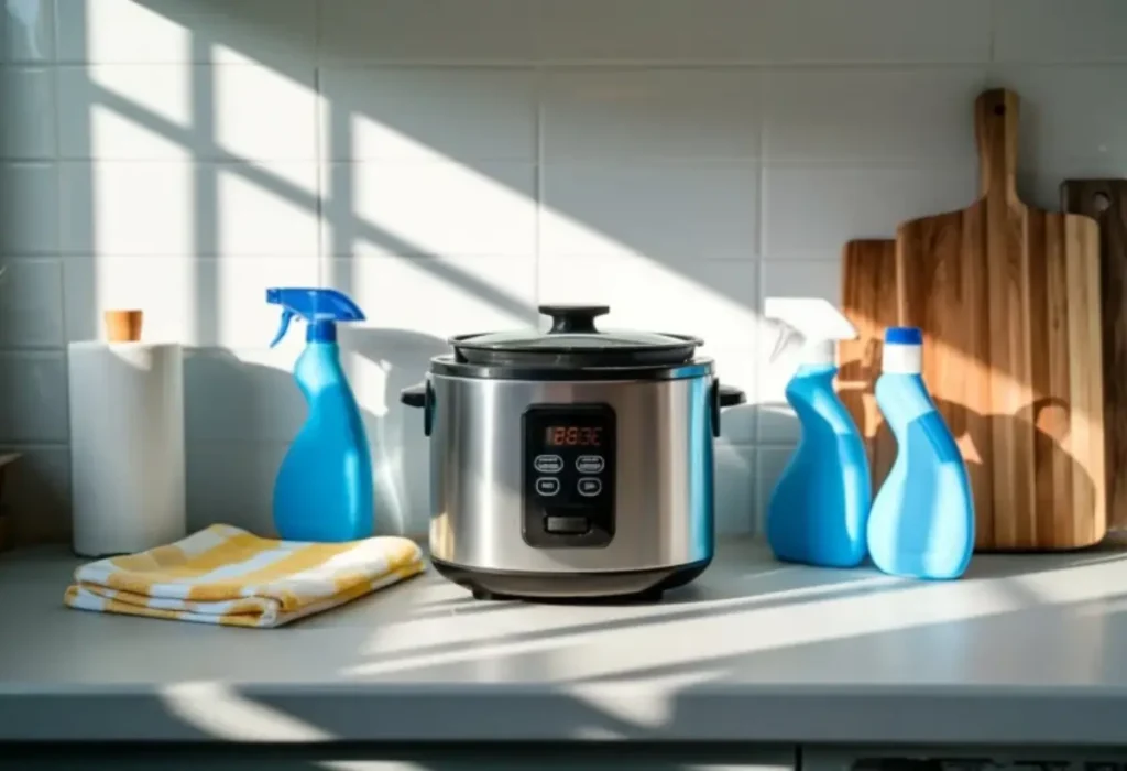 Uma panela elétrica de arroz em uma bancada e ao lado produtos de limpeza.