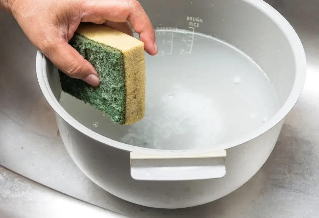 Uma pessoa fazendo a limpeza de uma panela elétrica de arroz.