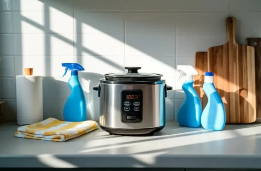uma panela elétrica de arroz em uma bancada e ao lado produtos de limpeza.