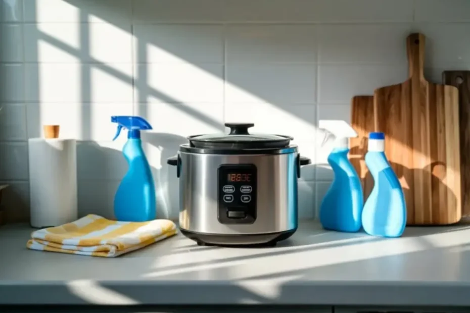 uma panela elétrica de arroz em uma bancada e ao lado produtos de limpeza.