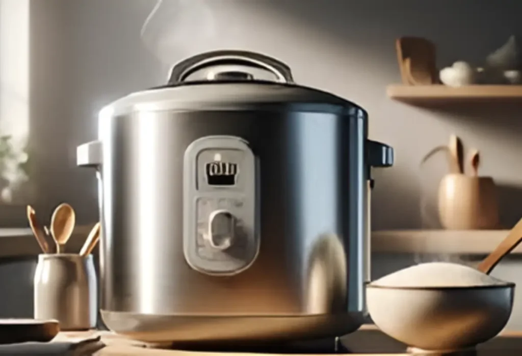 Uma panela elétrica de arroz em uma mesa.