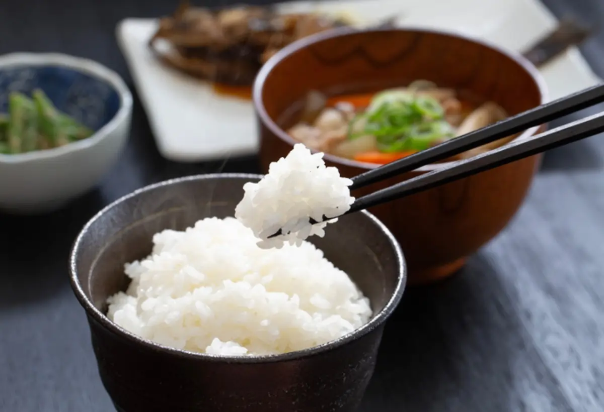 Uma tigela com arroz japonês pronto para ser servido.