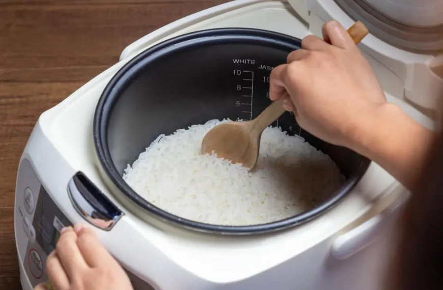 Uma panela de pressão elétrica fazendo um arroz.