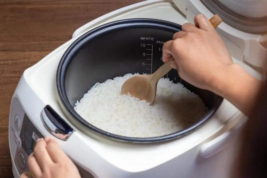 Uma panela de pressão elétrica fazendo um arroz.