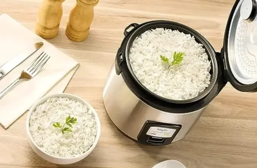 Uma panela elétrica de arroz e tigelas com arroz prontos em uma mesa.