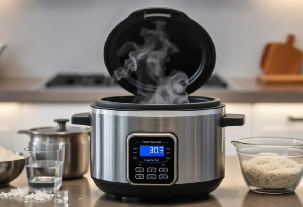 Uma panela elétrica de arroz em uma mesa.