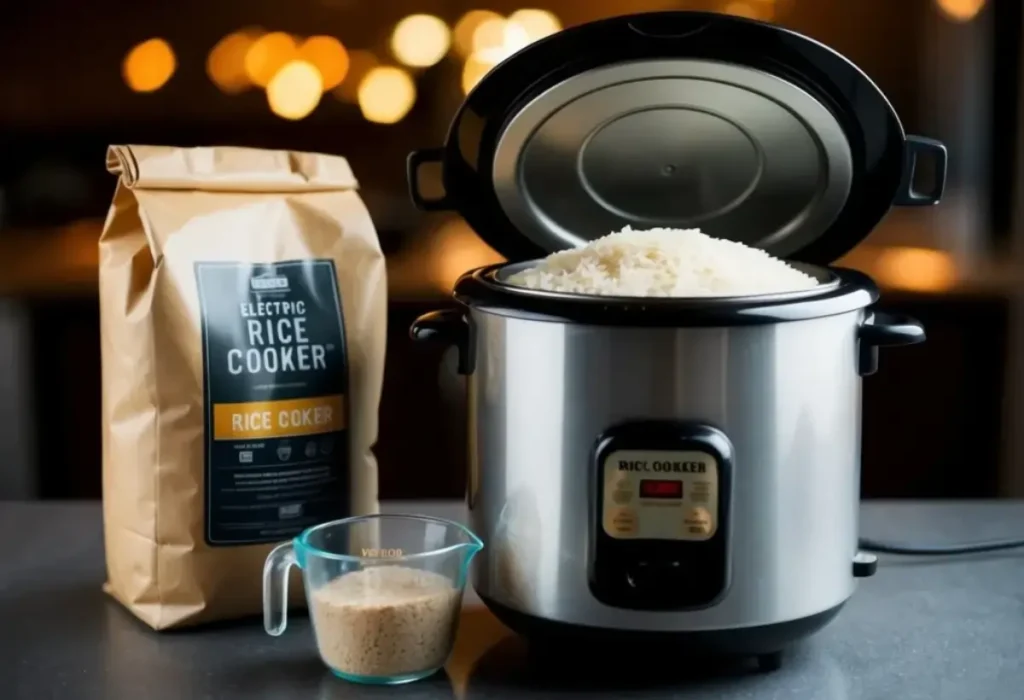 Uma panela elétrica de arroz em uma mesa.