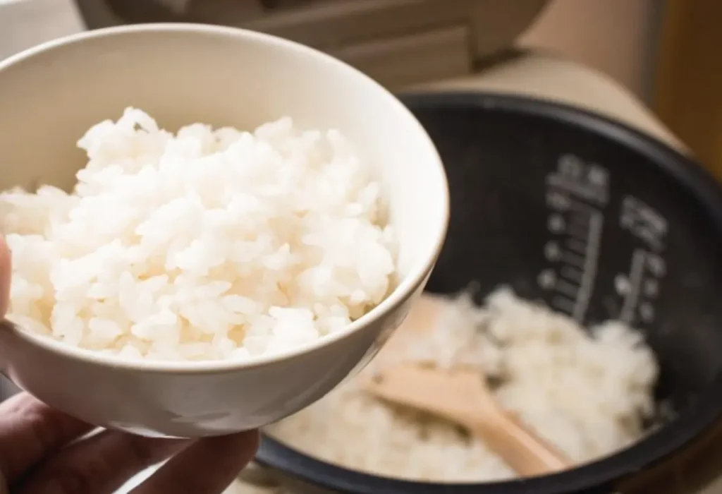 Uma tigela com arroz branco fei8to na panela elétrica de arroz.
