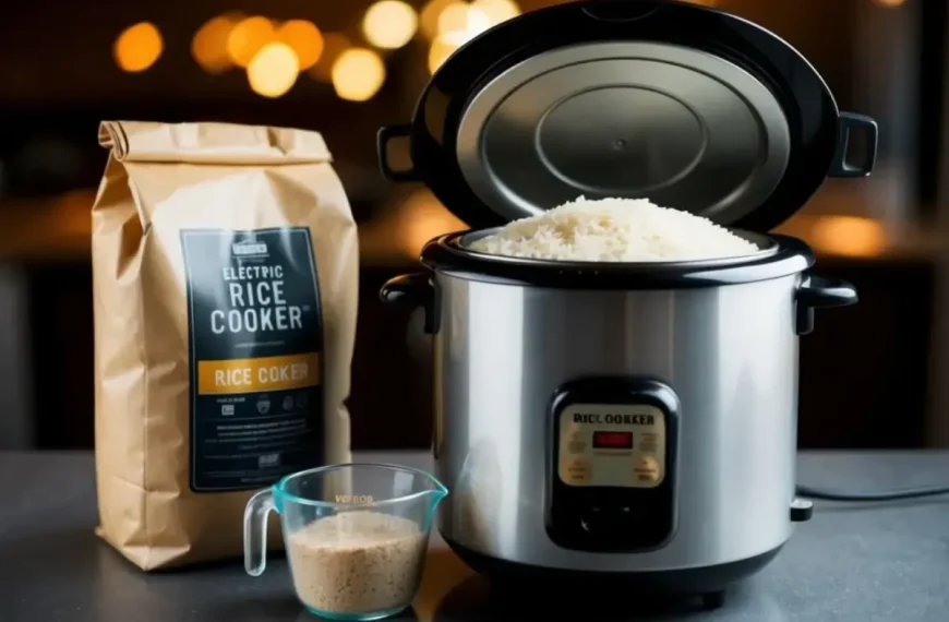 Uma panela elétrica de arroz em uma mesa.