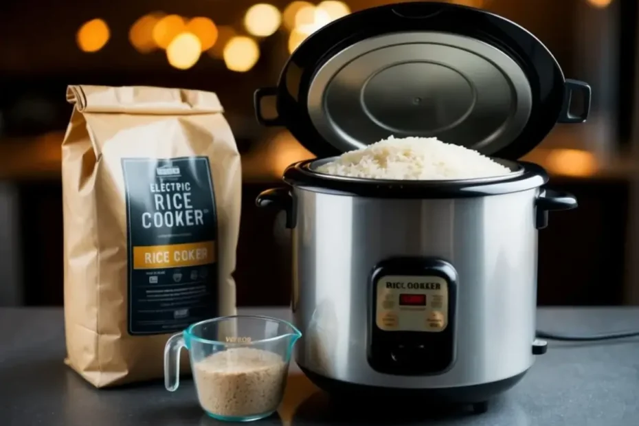 Uma panela elétrica de arroz em uma mesa.