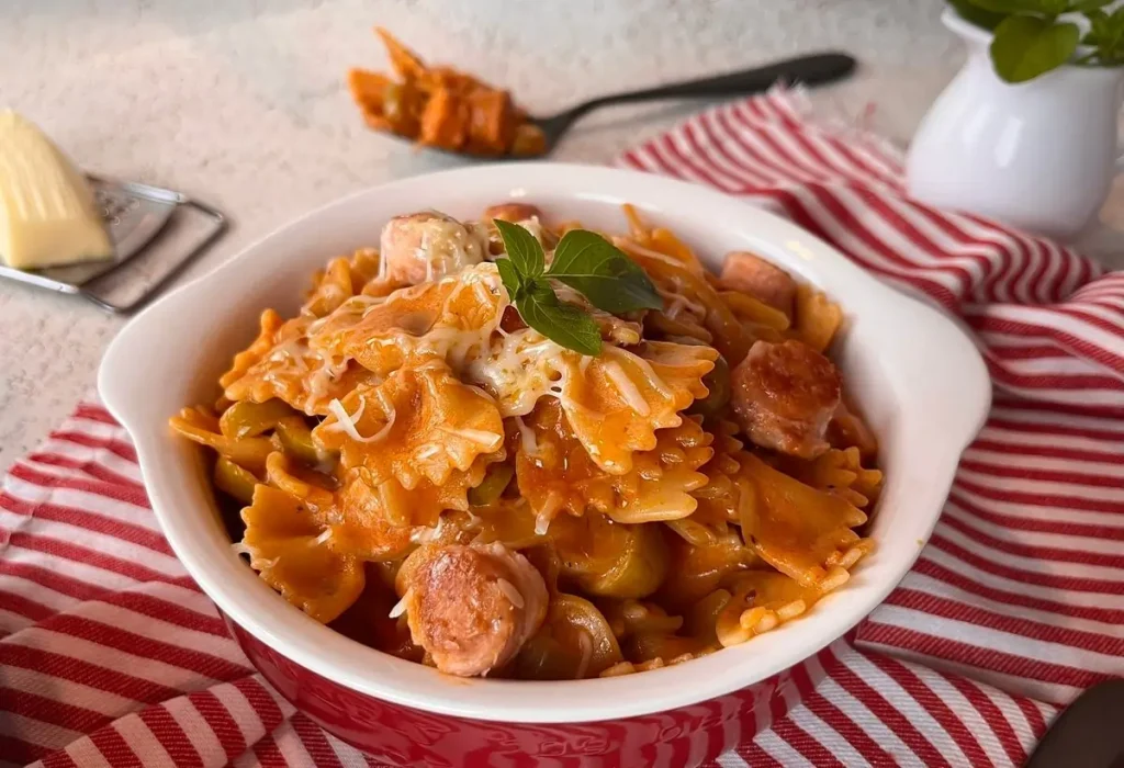 Um prato com macarrão.