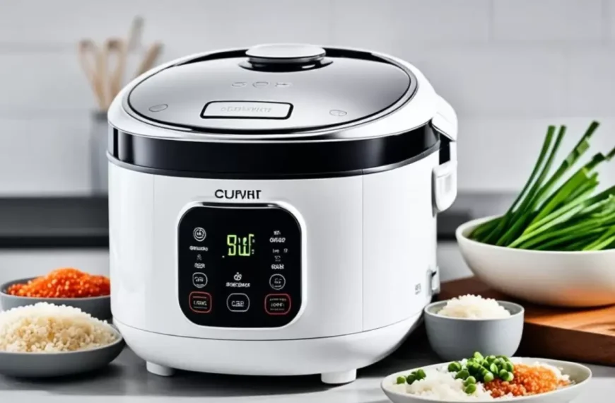 Uma panela elétrica de arroz em uma mesa.