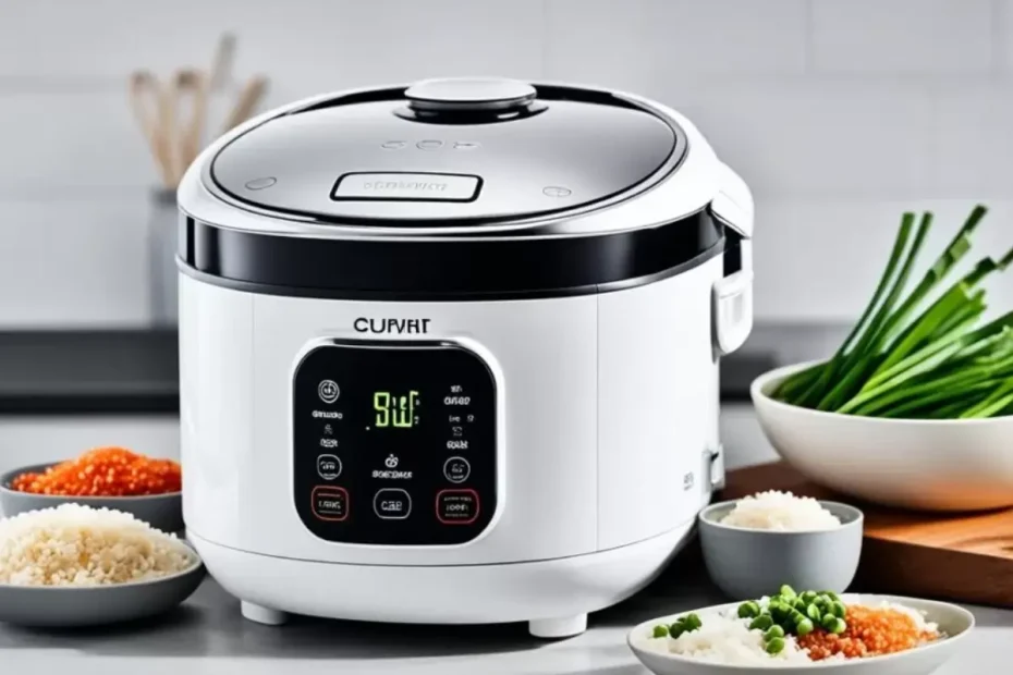 Uma panela elétrica de arroz em uma mesa.