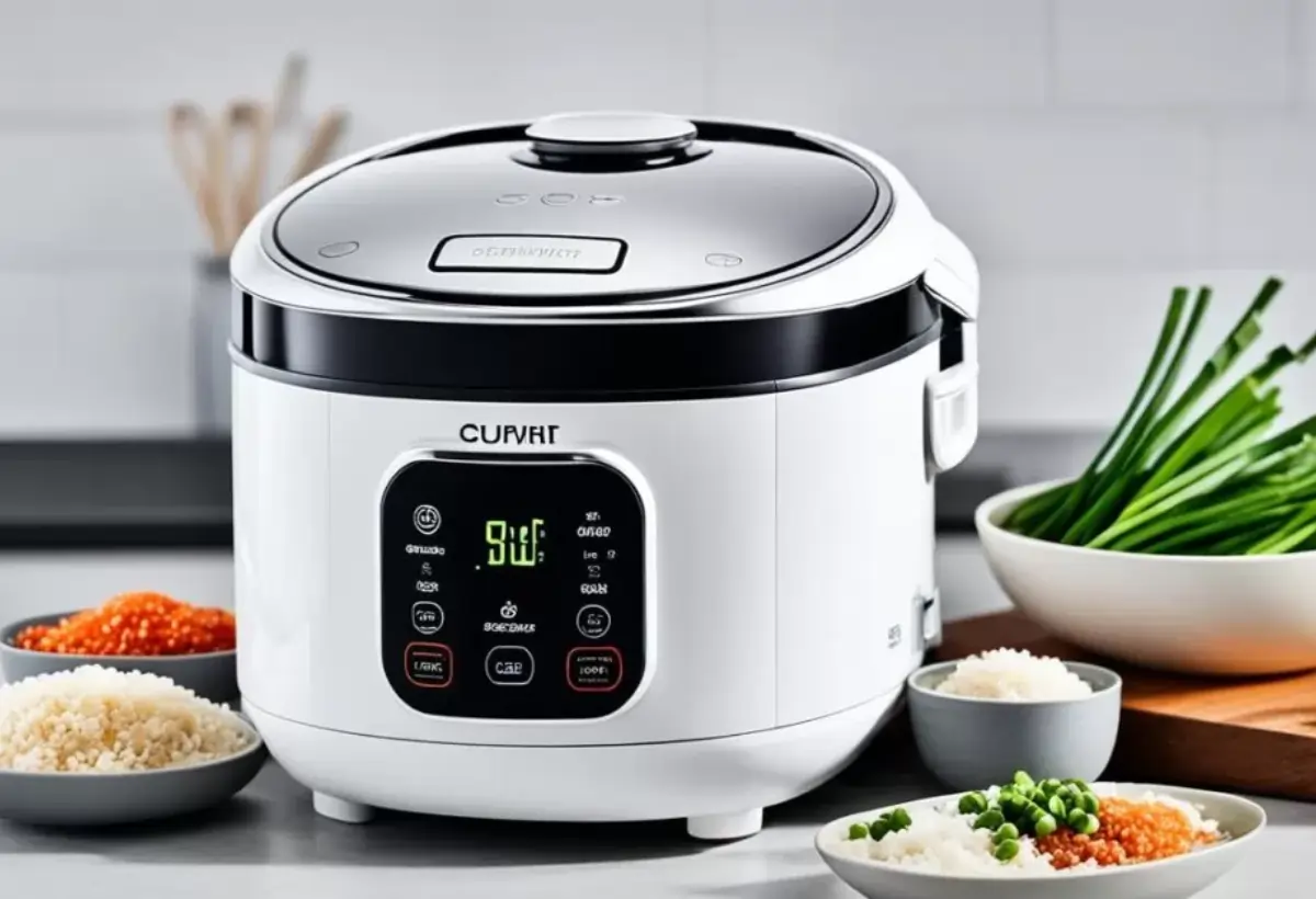 Uma panela elétrica de arroz em uma mesa.