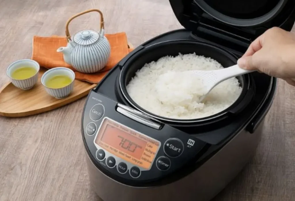 Uma panela elétrica de com arroz sendo preparado.