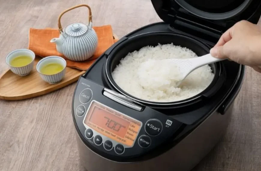 Uma panela elétrica de com arroz sendo preparado.