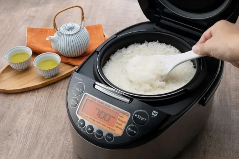 Uma panela elétrica de com arroz sendo preparado.