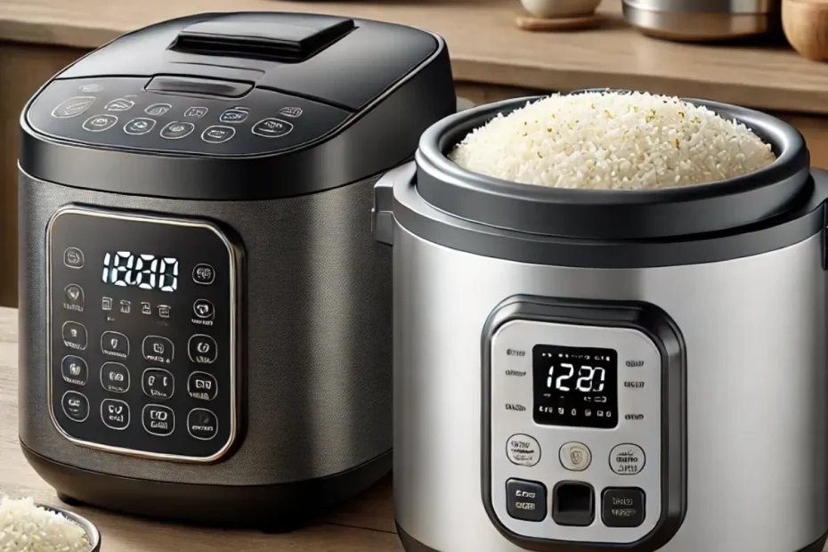 Panela elétrica de arroz com botão manual e digital em uma mesa.