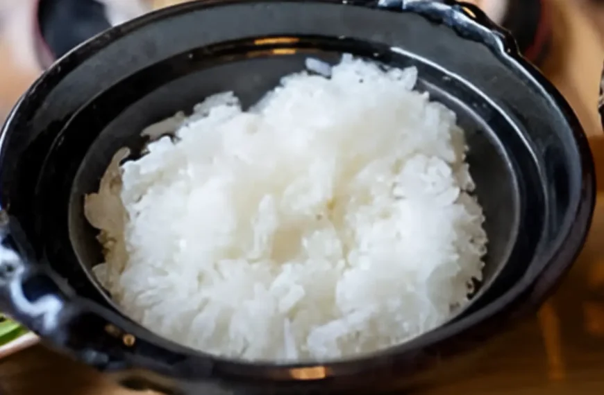 Uma prato com arroz pronto para ser servido.