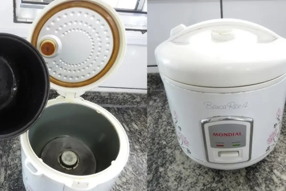 Uma panela elétrica de arroz em uma bancada.