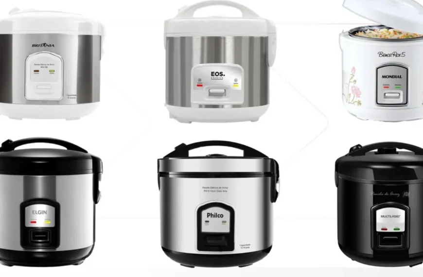 Panelas elétricas de arroz pequenas de várias marcas.
