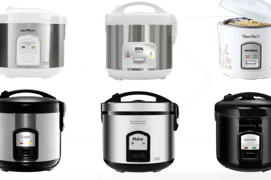Panelas elétricas de arroz pequenas de várias marcas.