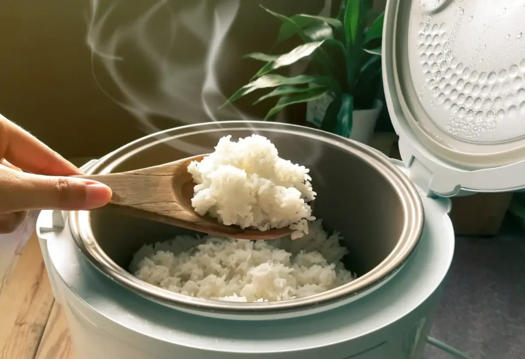 Arroz pronto feito em uma panela elétrica.