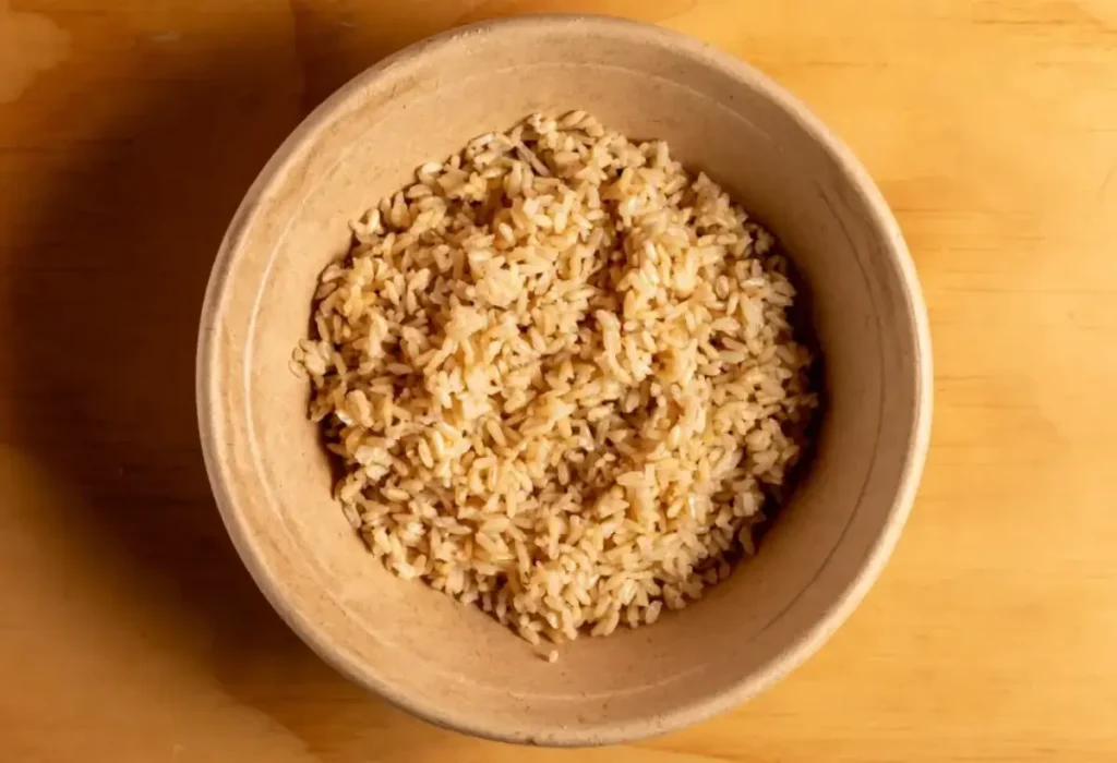 Uma tigela com arroz integral feito napanela elétrica de arroz.