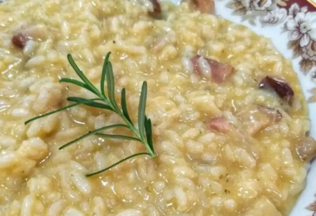 Uma prato com risoto pronto para ser servido.