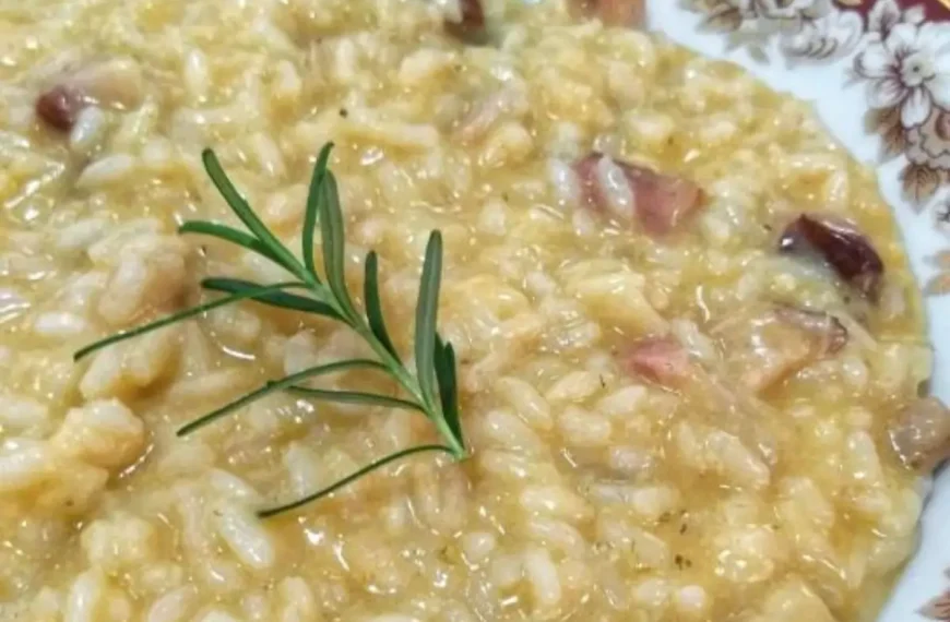 Um prato de risoto pronto para ser servido.