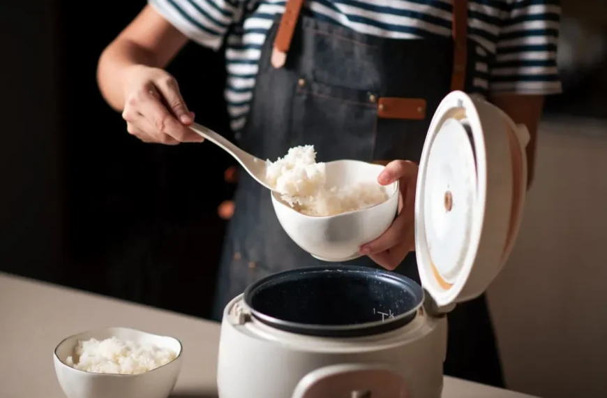 Uma pessoa fazendo arroz branco em uma panela elétrica.