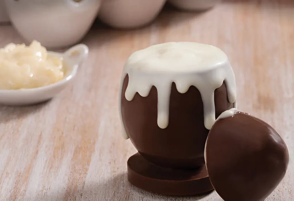 Um ovo de chocolate de pote em uma mesa decorada pronto para ser servido.