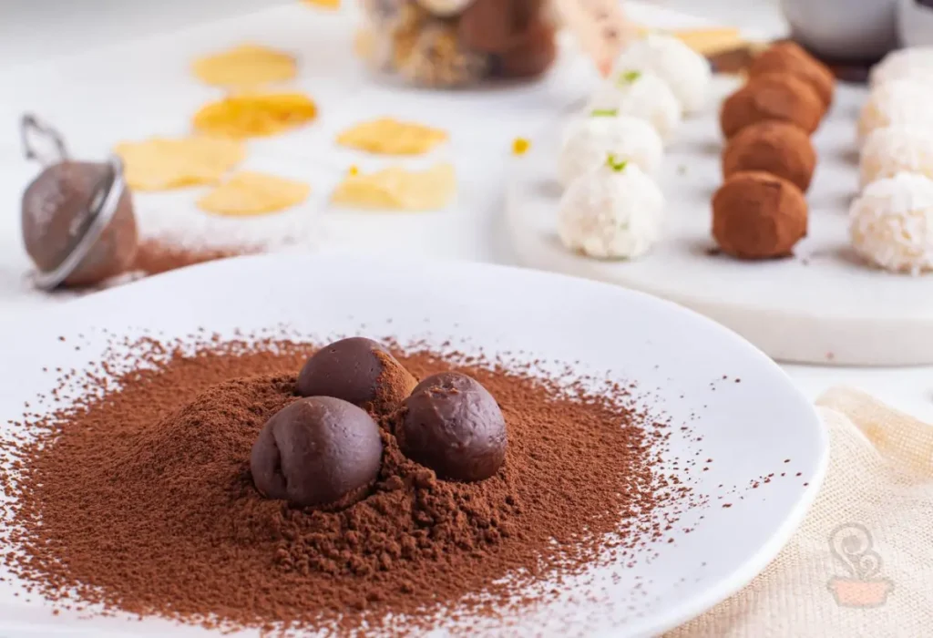 Um prato com trufa de chocolate.