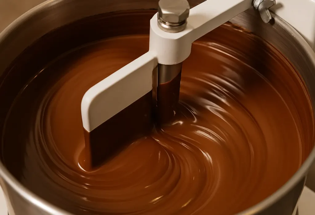 chocolate sendo feito em uma panela mexedora.